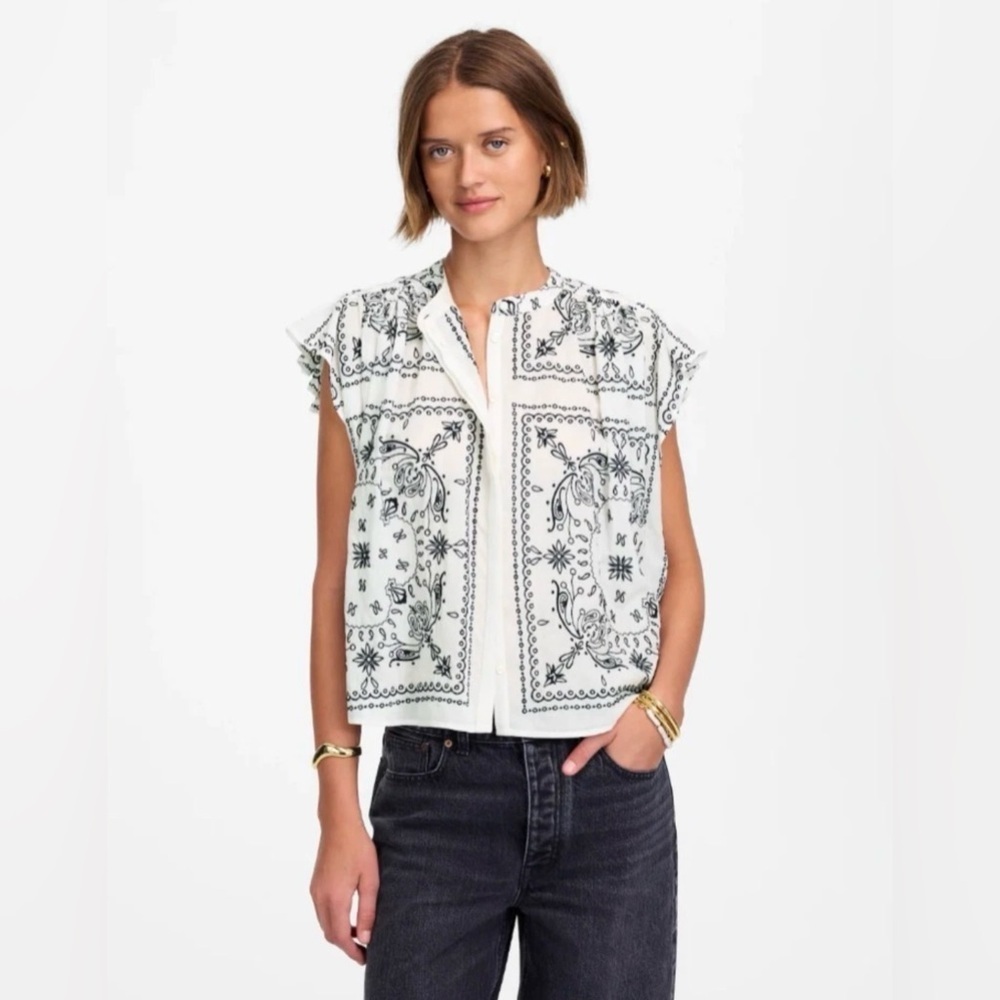 Madewell White Bandana Print Cap Sleeve Blouse